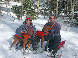 Aaron and Mel with Vizslas Remus and Kosmo -- Snowshoeing in Colorado