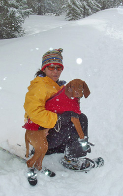 Mel and Vizsla Kosmo snowshoeing in the Colorado Rocky Mountains