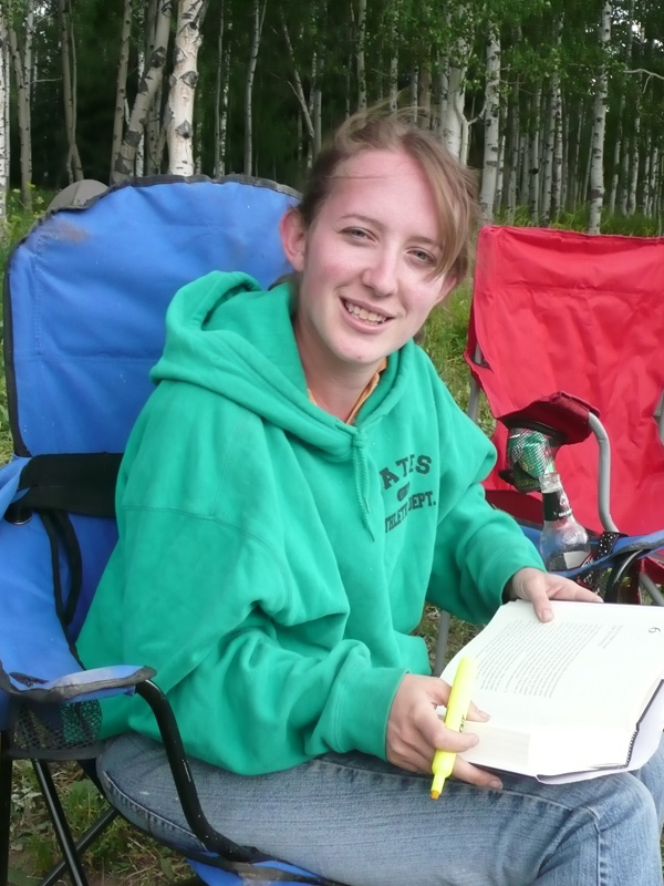 Alyssa, the good student, studies at campsite - Steamboat Springs, Colorado