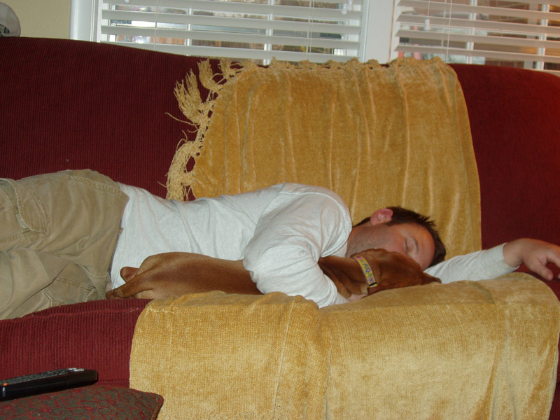 Aaron cuddles Vizsla puppy Lola